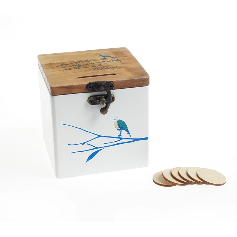 4-дюймовая деревянная квадратная копилка для денег монет с замком настольный