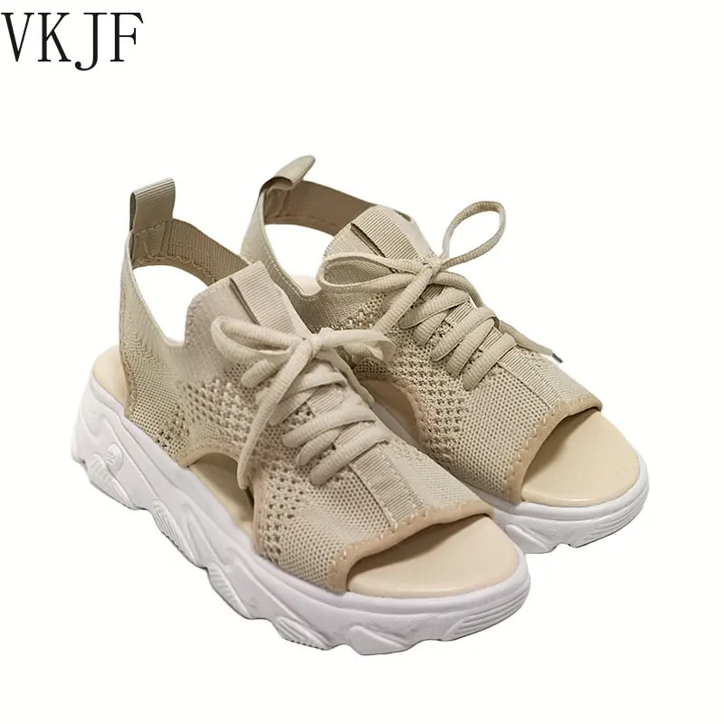 

Сандалии женские сетчатые на толстой подошве, Повседневная пляжная обувь с открытым носком, на шнуровке, белые, лето 2023