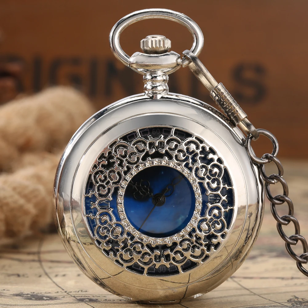 Elegant Vintage Hollow Silver/Black Quartz Pocket Watches Necklace Pendant Fob Chain Antique Pocket Clock Gifts for Men Women