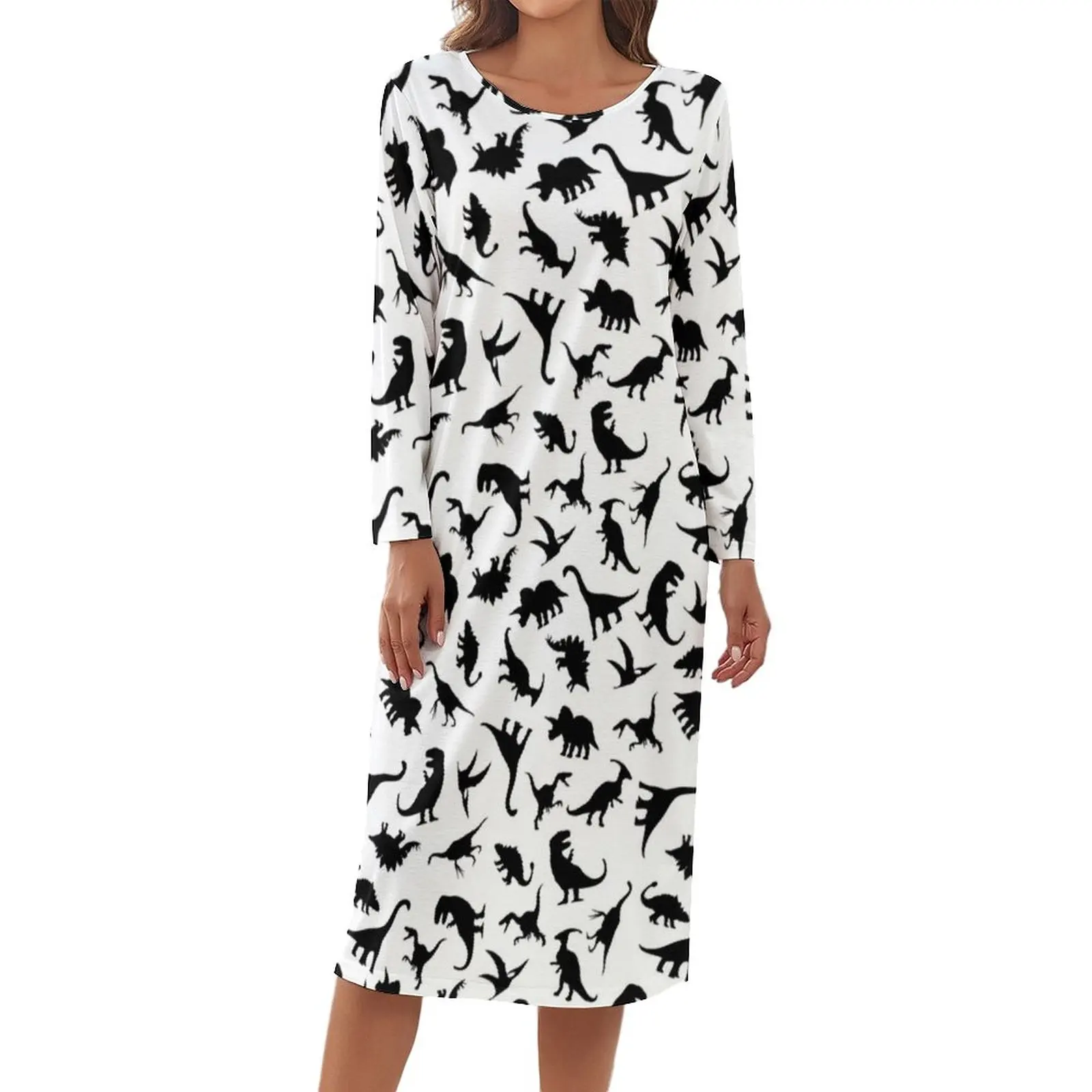 

Милая Пижама с рисунком динозавров, черная Пижама на белом рапторе, кавайное платье, одежда для сна с длинным рукавом и принтом, женская одеж...