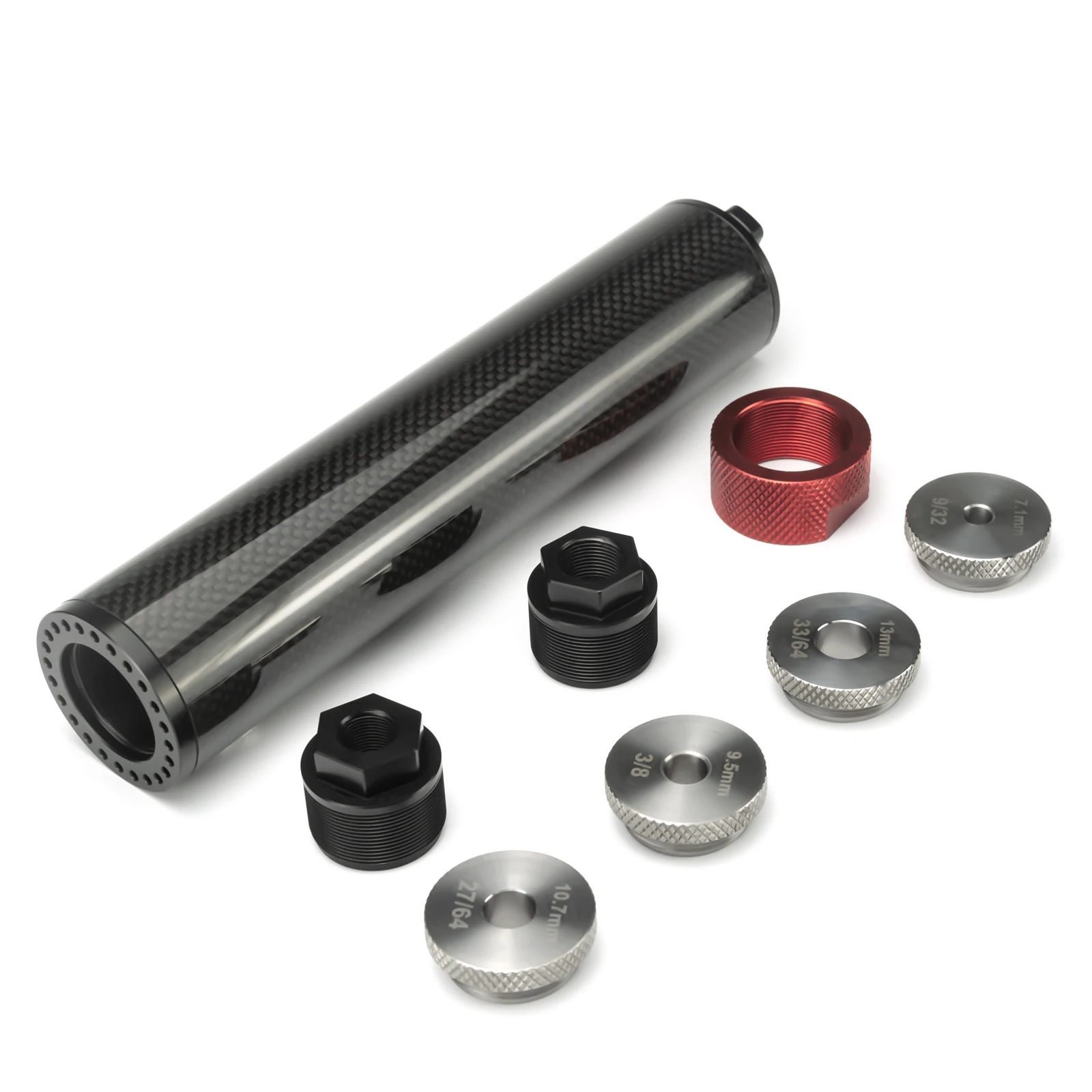 

1.85"OD 8.85"L Carbon Fiber Modular Solvent Filter Fuel Trap MST +1/2x28 and 5/8x24 End Caps + Guide Baffle Drilling Jig Fixture