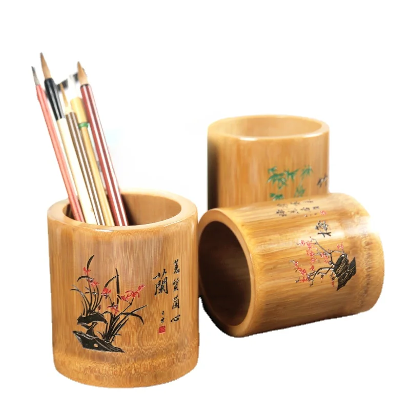 

Bamboo Pen Container Traditional Carved Flower Pens Storage Holder Stationery Penholder Tunnel Office Desk Organizer Brush Pot