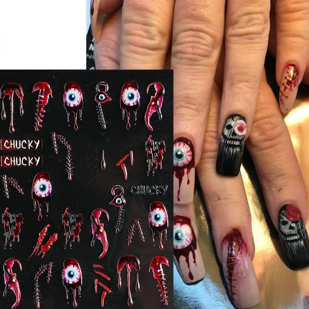 

1Pc Pumpkin Halloween Horror Eyes Manicuring Sticker Nail Embossed Sticker 5D Adhesive Embossed Designs Sliders Foils Manicure