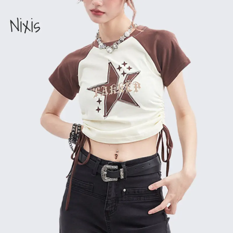 

Slim Short Top for Women Vintage Drawstring Short-sleeved T-shirt Summer Tide Spice Girls Streetwear Y2k Clothing Female