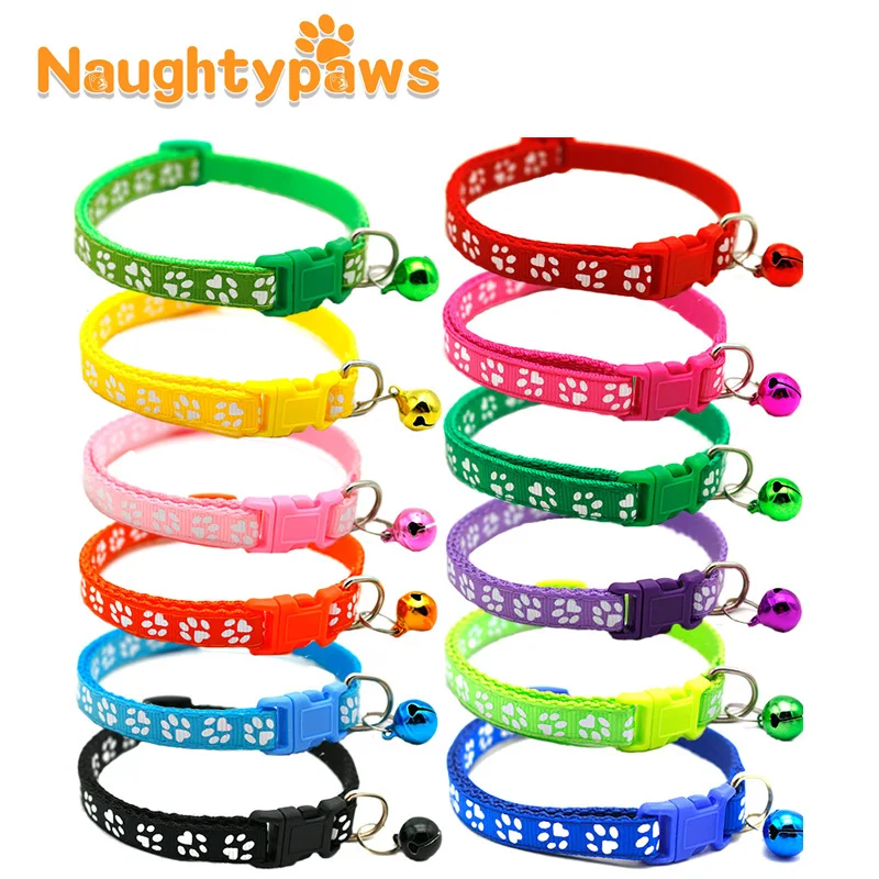 

1PC Cat Collar Pet Supplier Wholesale Multi-colors Paw Print Adjustable Nylon Cat Dog Collar With Bell