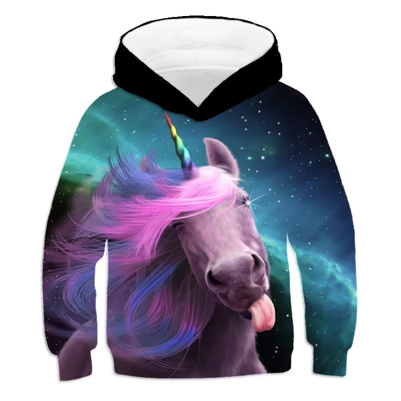 

Универсальная толстовка с капюшоном для мальчиков и девочек, милый свитер с 3D принтом единорога, модная куртка с изображением пони, искусст...