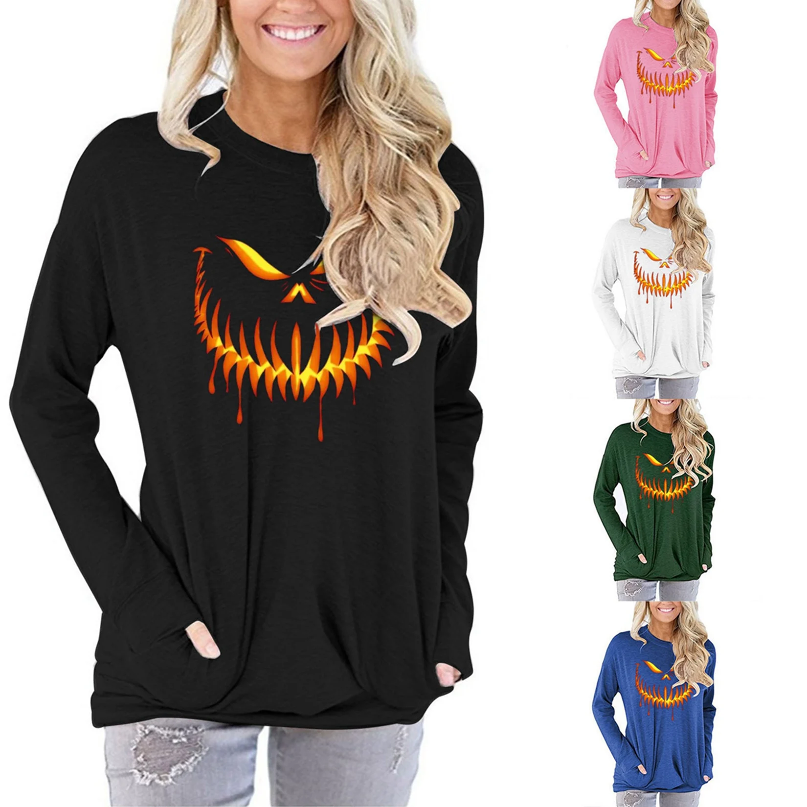 

Женская футболка с длинным рукавом, круглым вырезом и принтом тыквы