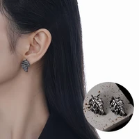 real 925 sterling silver black leaves stud earrings simple damaged leaf ear studs handmade jewelry for women