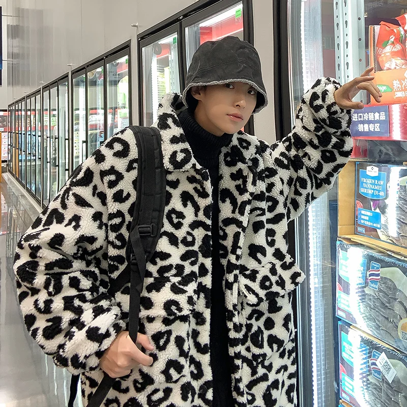 Winter Jacket Men Warm Fashion Retro Thickened Leopard Jackets Men Streetwear Loose Short Coat Mens Thick Lamb Wool Coat M-2XL
