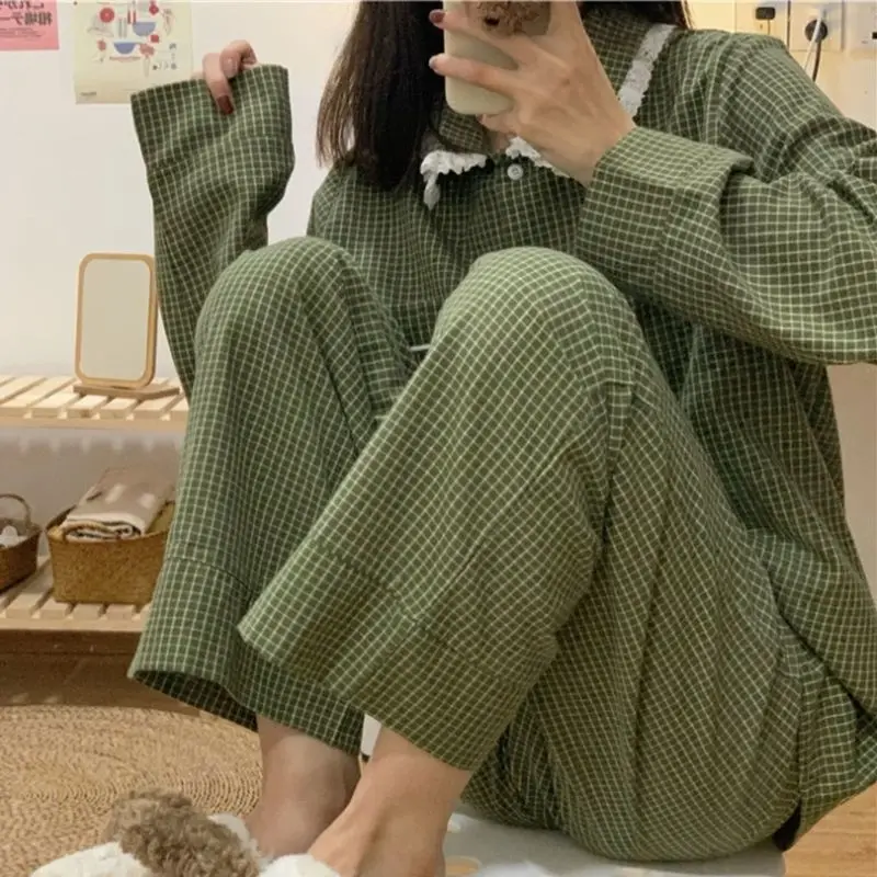 Plaid Casual Pajama Sets Women Single Breasted Ins Japan Turn-down Collar Nightwear Spring Autumn Elastic Waist Homewear New