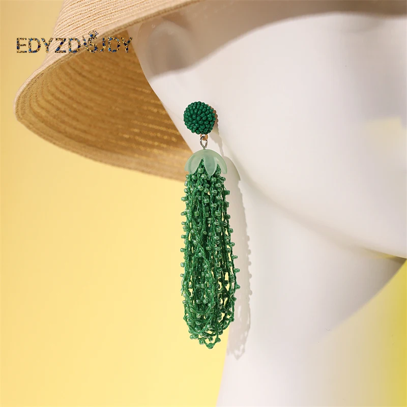

New Arrival Women Hand Knitted Rice Beads Drop Earring Green Long Section Beaded Dangle Earrings Fashion Jewelry