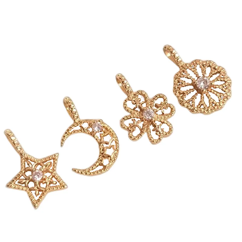 

4Pcs Gold Plated Brass Crescent Moon Charms Sun FlowerZircon Pendants For Jewelry Making DIY Earrings Necklaces Craft Material
