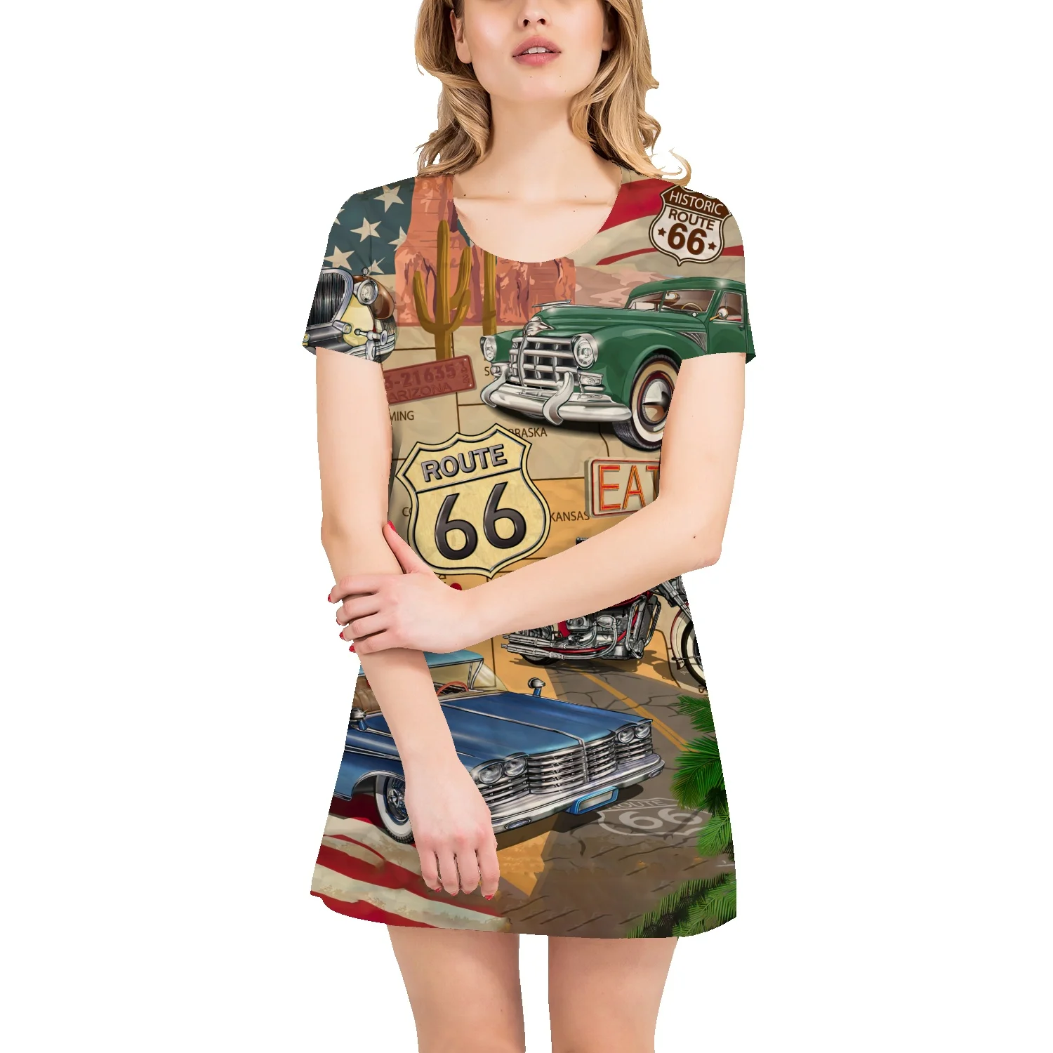 

American Flag Casual Versatile Print Round Neck Dress 2022 Summer New Lazy Wind Loose Cotton Pullover Short Sleeve T-Shirt Dress