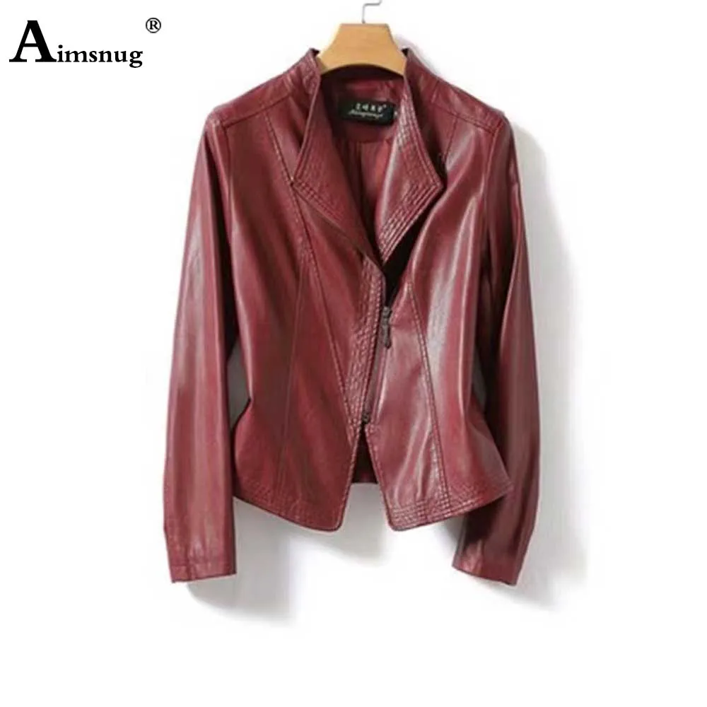 Aimsnug 2023 Autumn Winter Pu Leather Coats Plus Size Women Fashion Zipper Pockets Outerwear Ladies Vintage Faux Leather Jackets