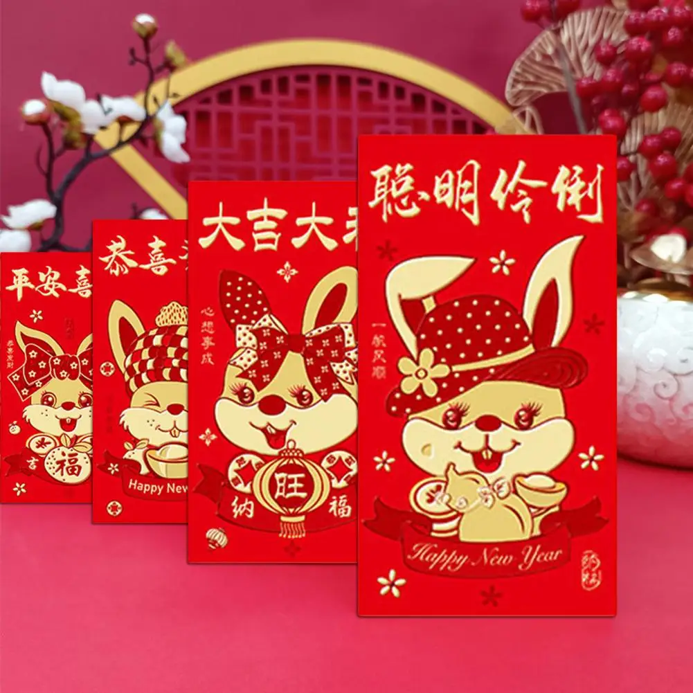 

6Pcs Red Envelope Cartoon Pattern Bronzing Rabbit Year 2023 New Year Zodiac Red Pocket for Festival