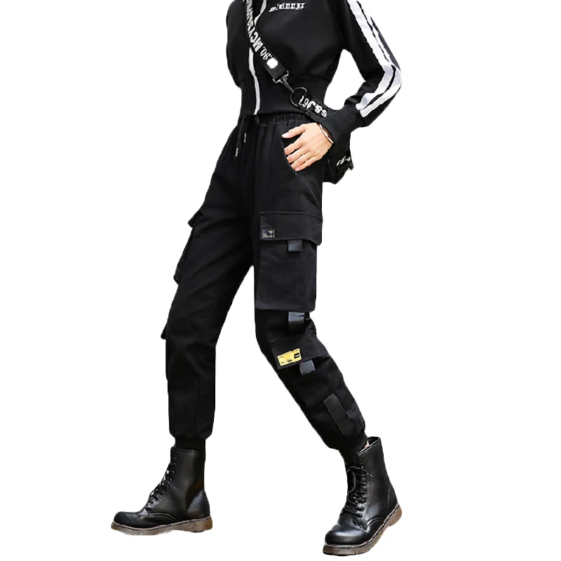 Новые брюки-карго женские черные джоггеры с эластичным поясом брюки