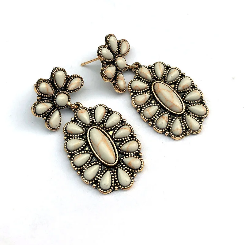 

METAL FLOWER STONE POST EARRINGS - Navajo Squash Blossom Earrings with Stone White Turquoise Cowgirl Jewelry Boho Accessories