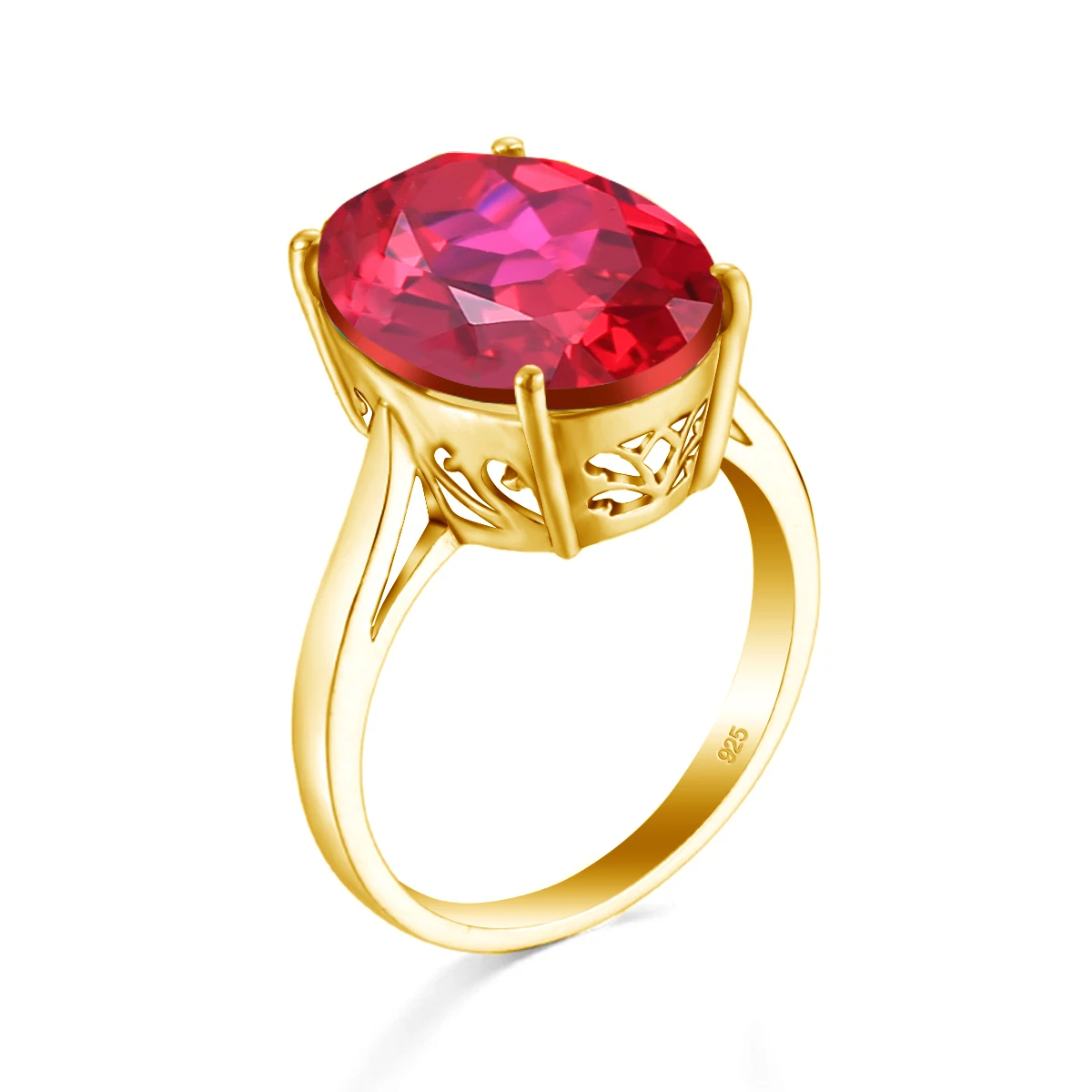 

14K Gold Color Women Rings Luxury Real 925 Sterling Silver Ring Ruby Gemstones Oval Shape 4 Prong Setting Fine Jewellery