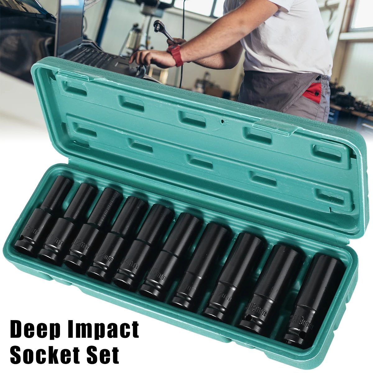 

10 Pcs Deep Impact Socket Set Drive Metric Wrench Socket 8 to 19mm Heavy Duty Pneumatic Wrench Tire Removal Tools Wear-resistant
