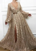 vinca sunny champagne sequins lace evening dresses 2022 dubai saudi arabic slit prom gowns long sleeves formal party dress
