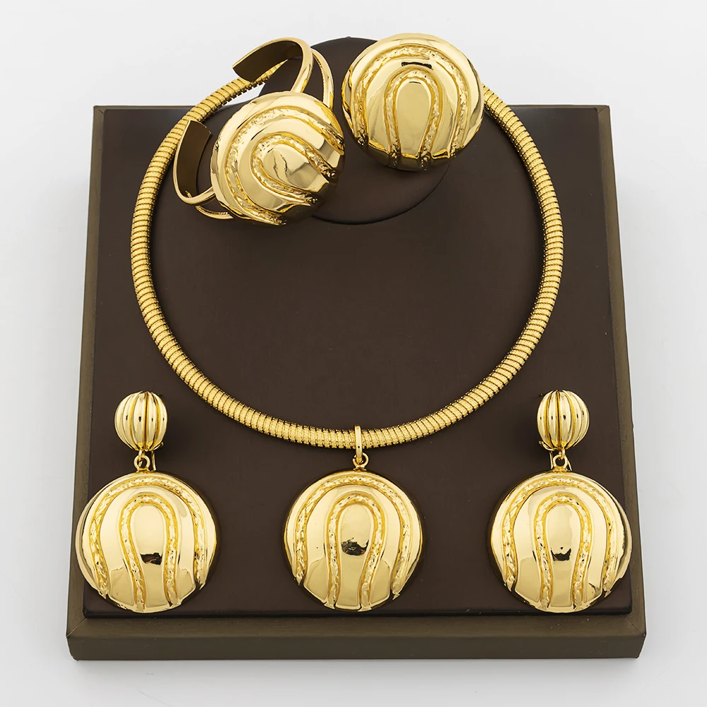 

Fashion Women Jewelry Set for Women Gold Plated Pendant and Earrings with Bangle Ring 4Pcs Weddings Bridal Jewelry Set Accessory