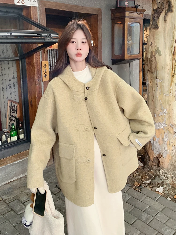 Двустороннее кашемировое пальто с капюшоном для женщин осень 2024 новая корейская
