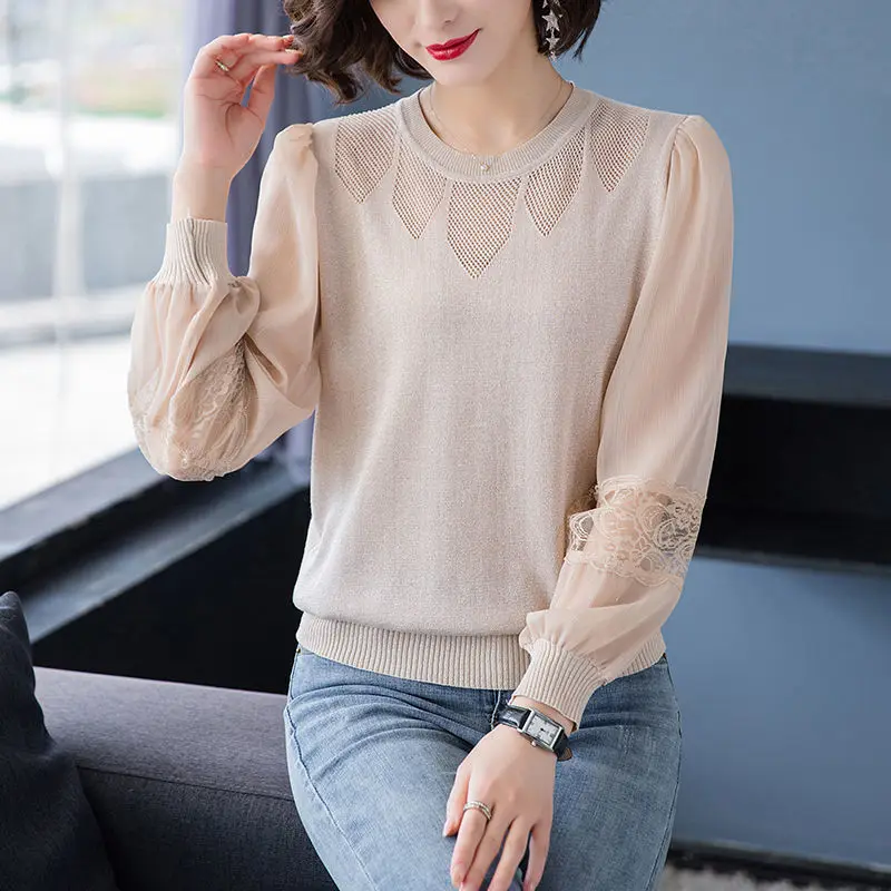 Autumn Winter Lace Patchwork Knitting Top Women Elegant Fashion All-match Sweater Ladies Solid Hollow Out Loose Casual Pullover