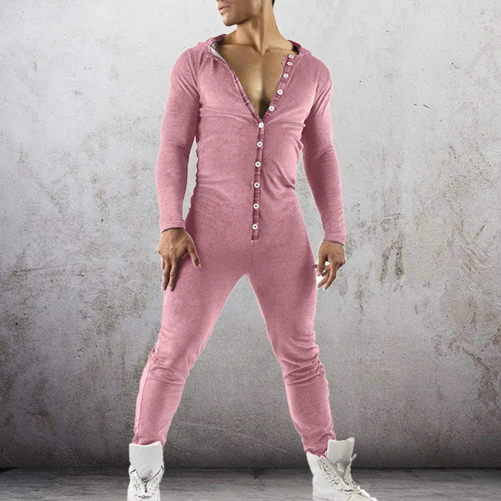 

Men Casual Solid Color Onesie Buttons Sleep Lounge Adult Sleepwear One Piece Pyjamas Male Jumpsuits Hooded Onesies for Adult Men