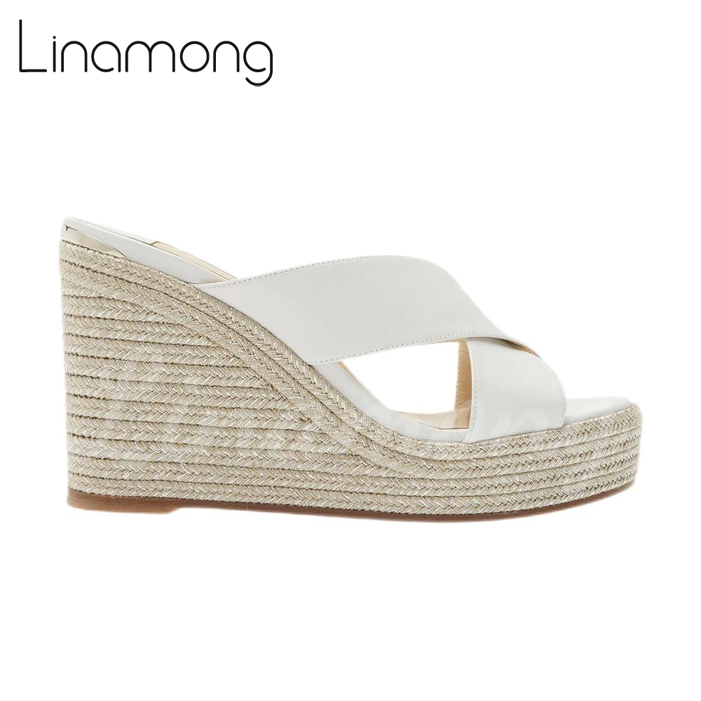 Cross-Strap Leather Espadrilles Slippers Solid Color Wedge Sandals Round Toe Comfortable Summer Shoes Private Custom Slippers