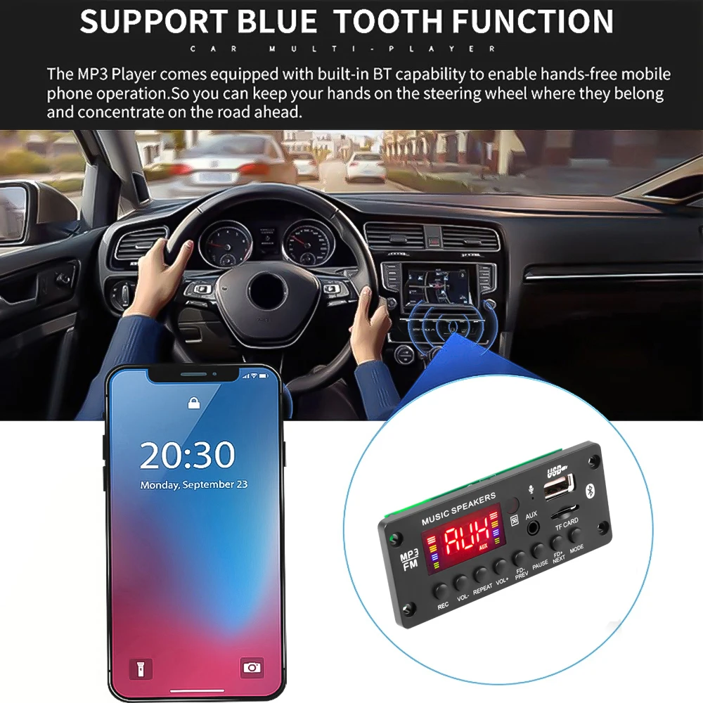 Wireless Bluetooth MP3 Decoder Board Car MP3 Lossless Music Audio Player FM Radio Module Support Folder Switching Call Recording