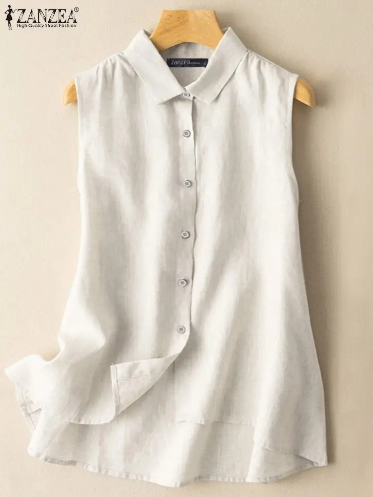 

Летние топы без рукавов, футболки, повседневные однотонные свободные рубашки 2022 ZANZEA, блузка с лацканами, Повседневная однотонная трапециев...