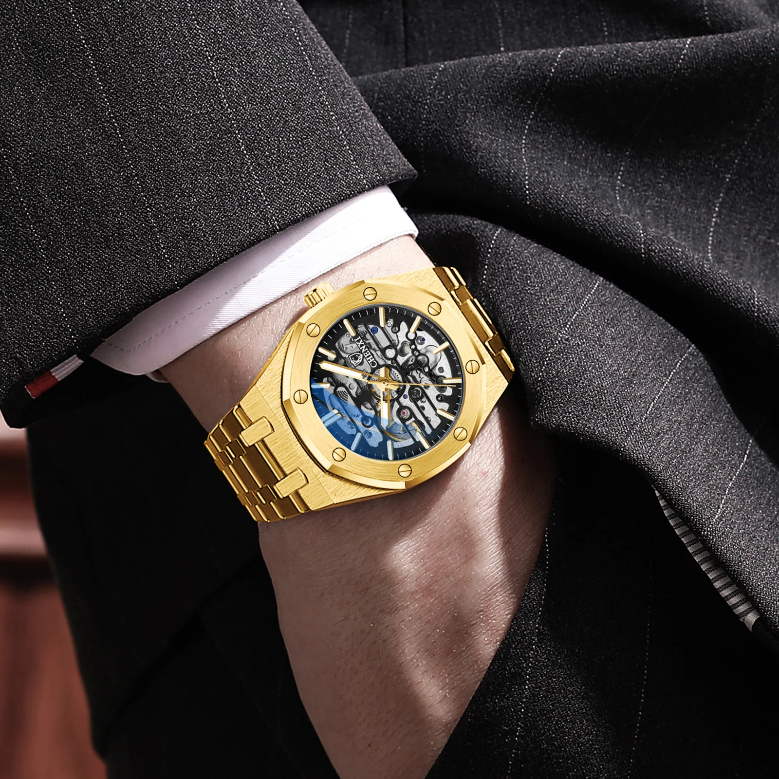Роскошные золотые механические часы для мужчин высокое качество скелетон полый