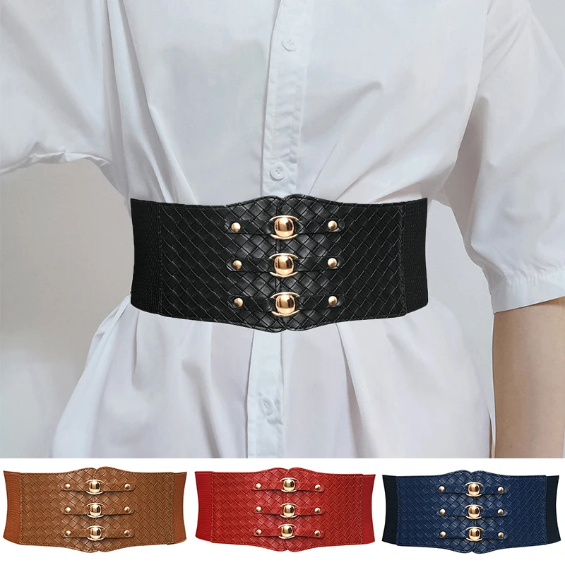 

PU Leather Rivet Slimming Body Girdle Vintage Tunic Waist Belt Big Stretch Cummerbunds Female Dress Shirt Coat Waistband