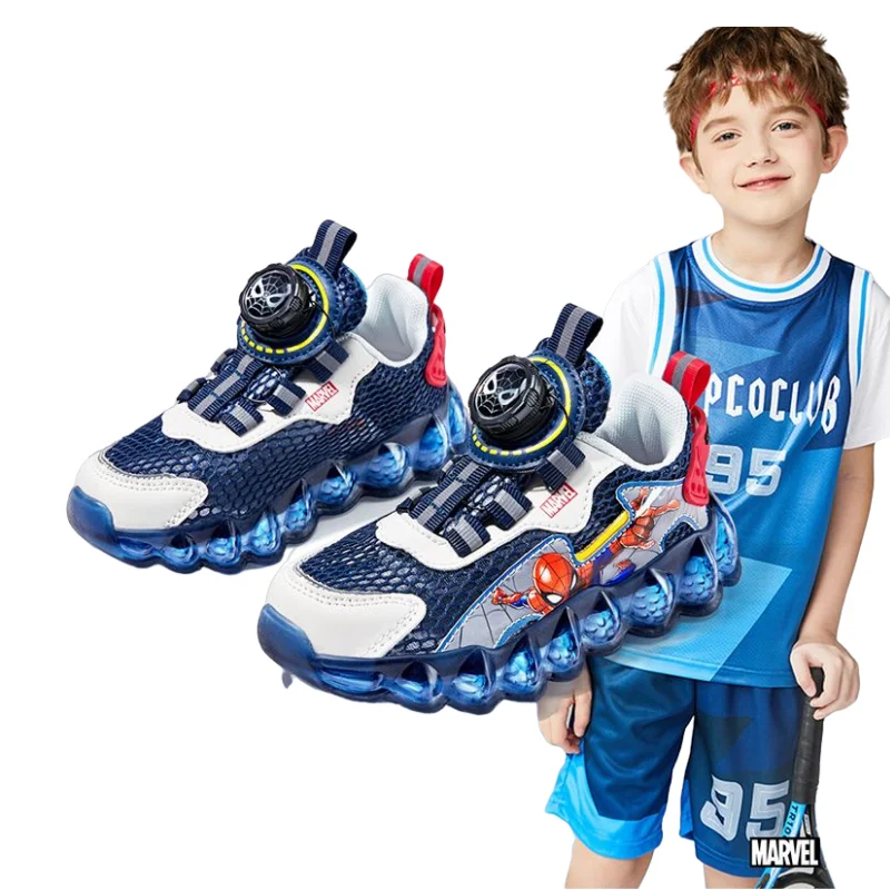 

Модная детская обувь с героями мультфильмов Marvel Человек-паук, летняя сетчатая обувь, спортивная обувь для отдыха, обувь с вращающейся пряжкой, мужская обувь