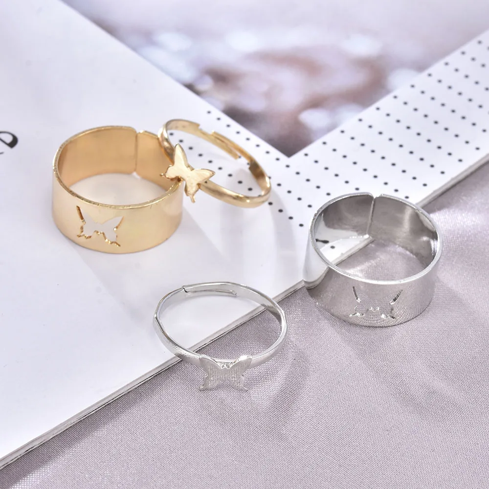 

Punk Simple Style Lovers Butterfly Opening Ring Creative Women Gold Silver Color 2-Piece Ring Jewelry Gifts For Good Friends