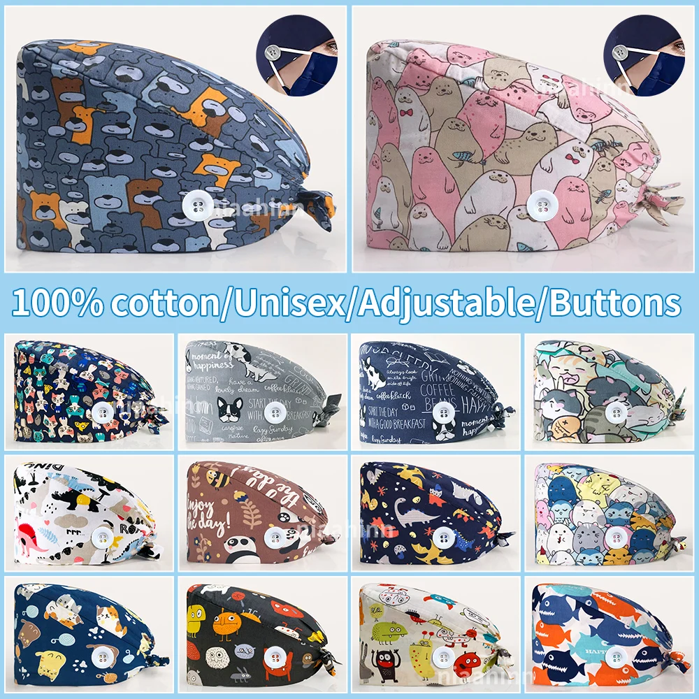 

Pet Grooming Scrub Caps Wholesale Patterns Adjustable Medical Hats with Buttons Tieback 100%Cotton Summer Beauty Salon Work Hats