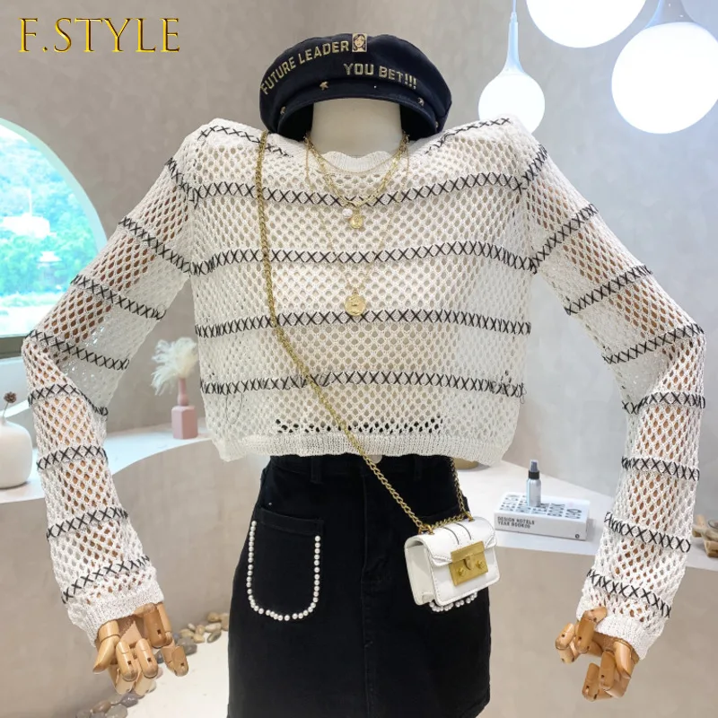 

2022 Summer New Korean Hollow Out Stripe Design Reduces Age And Shows Thin Long Sleeve Loose Pullover Knitted Sunscreen Shirt