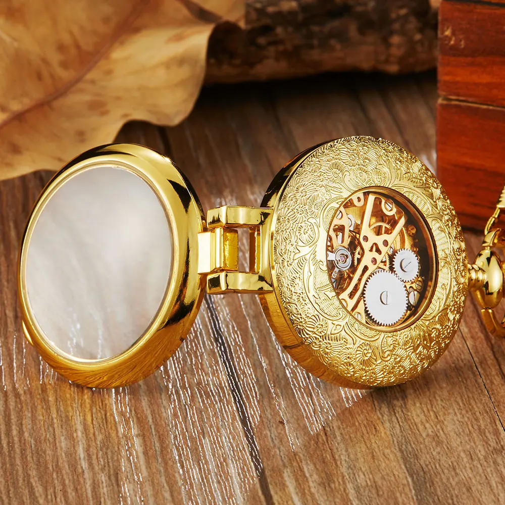 Luxury Golden Retro Mechanical Pocket Watch Men Women Pendant With FOB Chain Hollow Moon Steampunk Hand-wind Pocket Watches