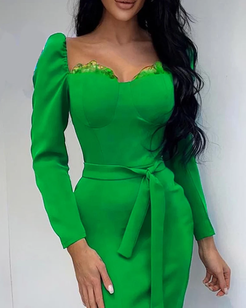 

Женское платье с квадратным вырезом и длинным рукавом, привлекательное зеленое облегающее платье до колена с поясом и пышными рукавами в ст...