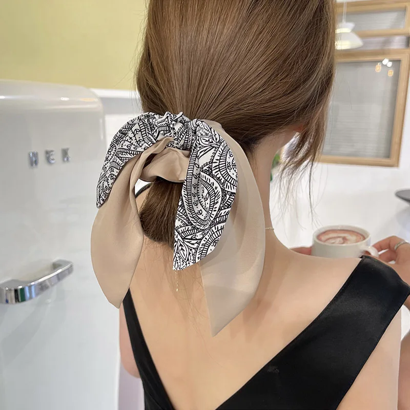 

Print Hair Scrunchies Bow Ribbon Hair Ring Hair Scarf Elastic Hair Band Long Streamer Big Bowknot Hair Rope Soft Knotted Bow