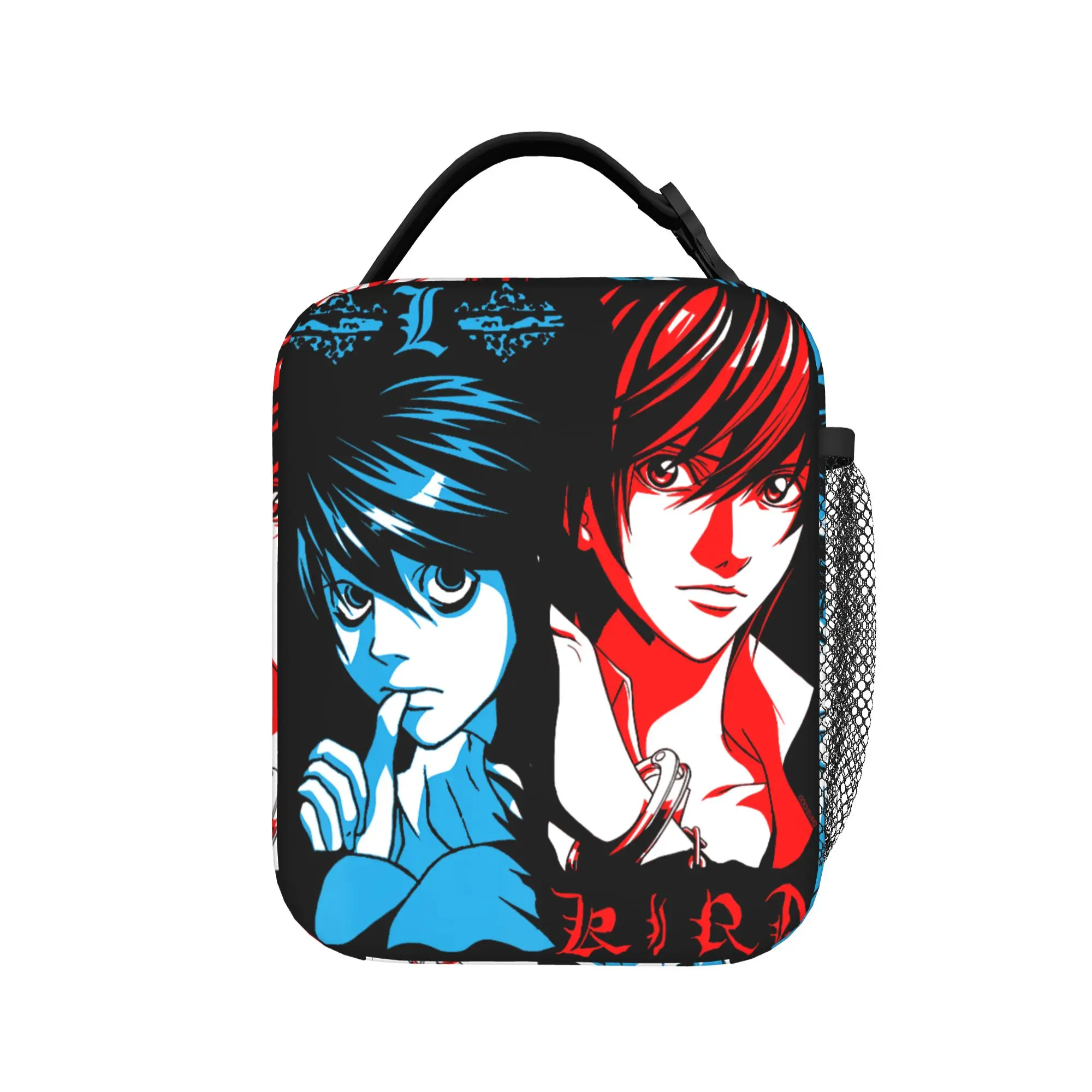 Фото Термосумка для обеда Death Note Blue and Red L vs Light Face Anime, изолированная сумка-холодильник для еды, ланч-бокс для колледжа, для мужчин и женщин. №1