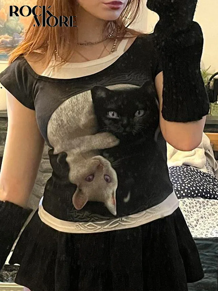 

Rockmore Y2K Patchwork Crop Top Summer Women T Shirt Retro Animal Cat Print Casual Short Sleeve Tee Harajuku Korean Grunge 2023