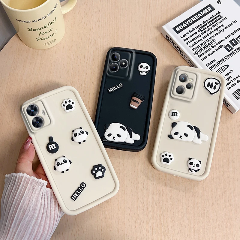 

3D Cute Panda Len protect Case For Oppo Realme 11 Nfc 9i 5i 5s C15 C17 C20 C11 C21Y C25Y C30 C33 C35 C53 C51 C55 C31 Cover Funda