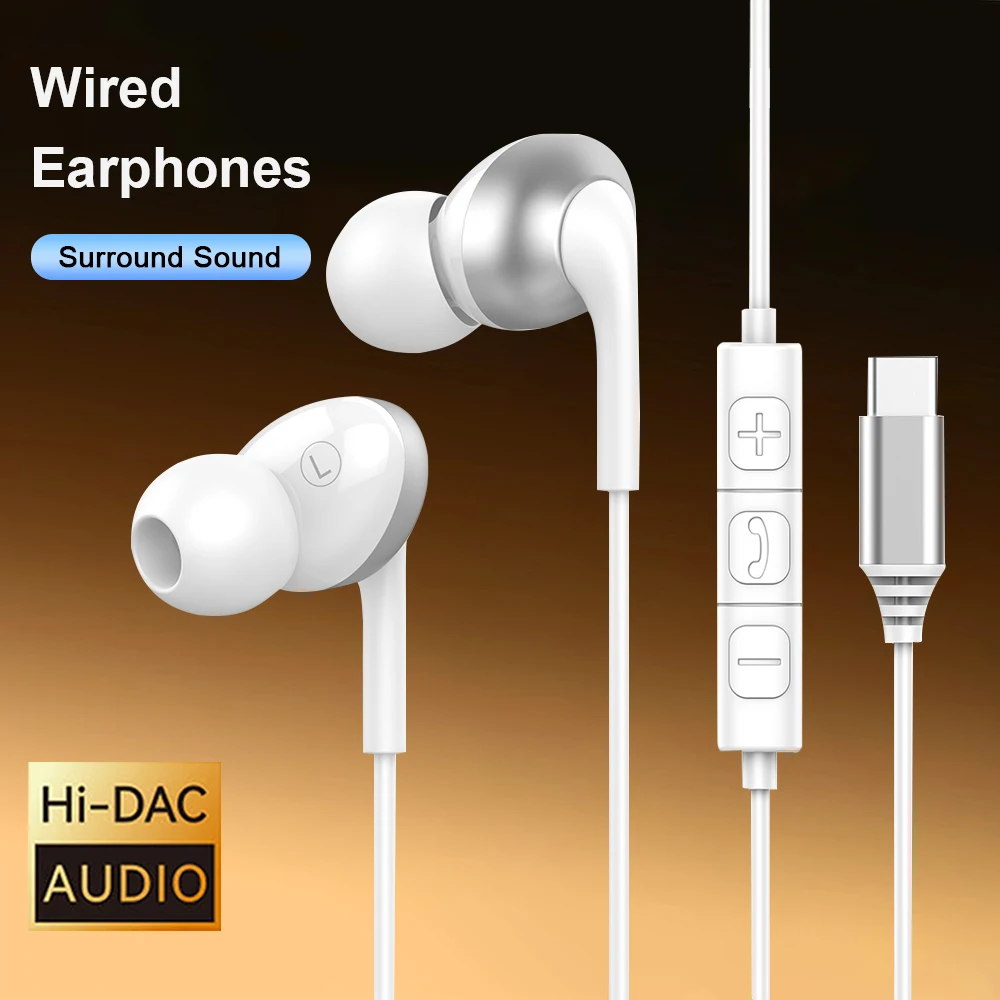 Фото Проводные наушники USB Type-C HiFi с глубокими басами, стереозвуком, регулировкой громкости и HD-микрофоном для iPhone 17, 16, 15 Pro, Samsung Galaxy №1