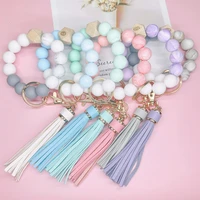 silicone bead keychain womens silicone bracelet key ring tassel elastic cord beaded mixed color wrist charm key pendant gift