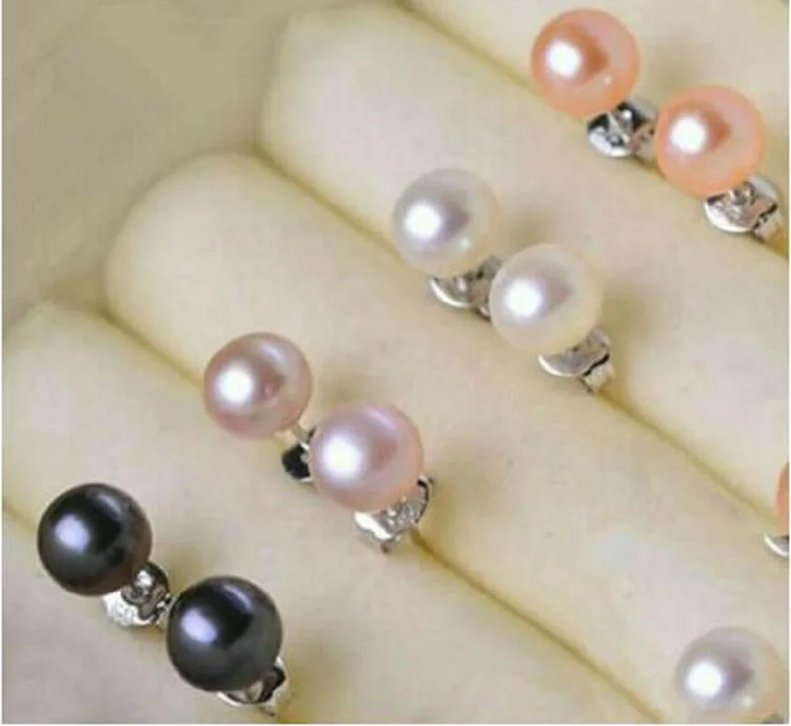 

4 Pairs 10-11mm Natural Black White Pink Purple Pearl Silver Stud Earrings