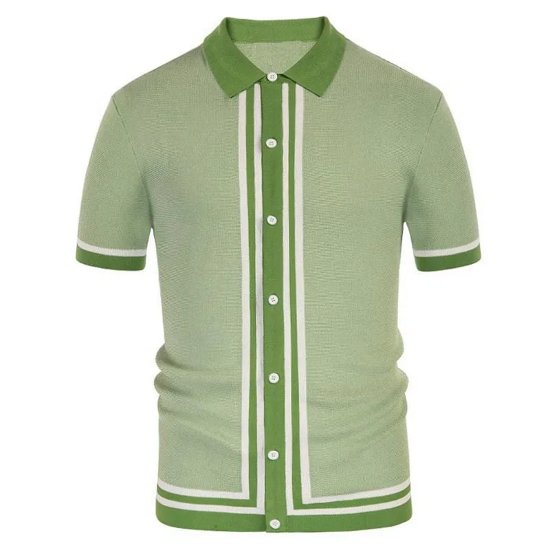 

Summer Patchwork Striped Knit Polo Shirt Mens Casual Turn-down Collar Button SlimTop Ice Silk T-shirt Vintage Cardigan