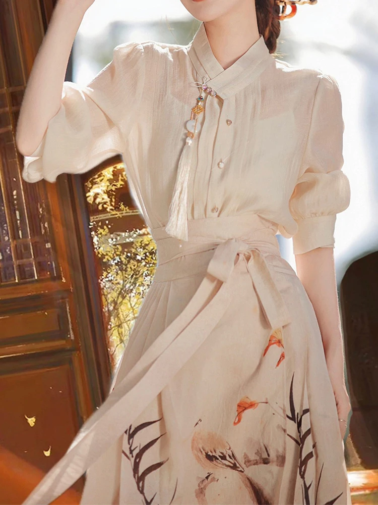 

Classic Horse Face Dresses Two Piece Sets Women Botanical Flower Printed Long Dress Temperament Elegant Chinese Style Long Skirt