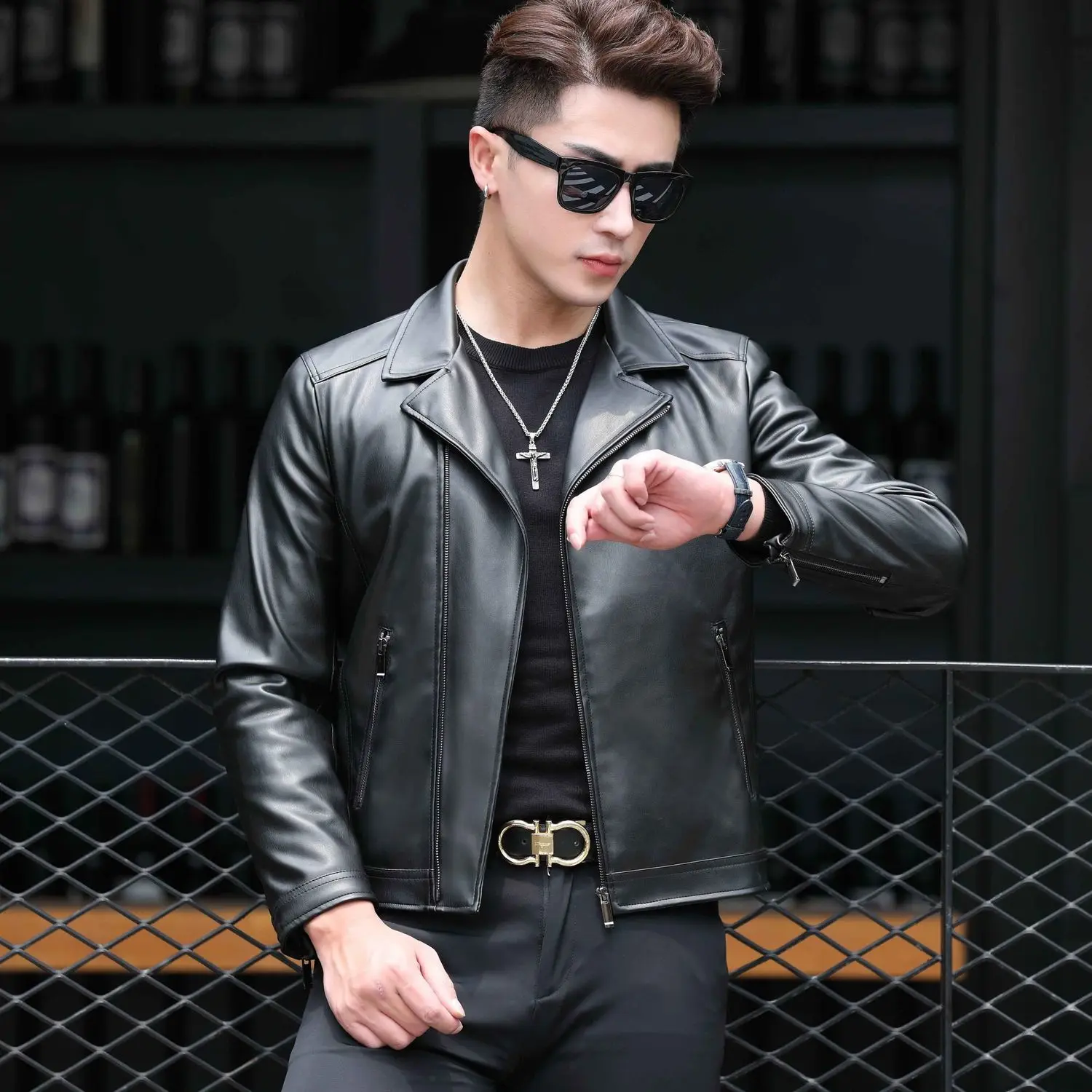 

2022 Fashion New Men's Casual Spring Autumn Leather Jacket Male Solid Color PU Blazers Long Sleeve Casual Biker Zipper Coat W72