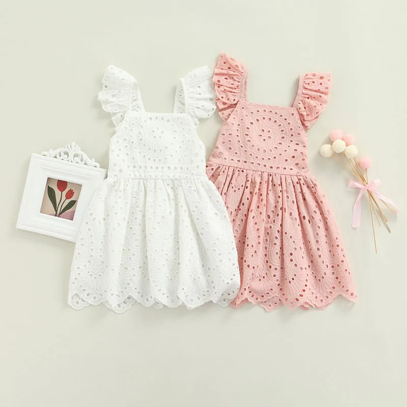 

Newborn Baby's Clothes Girls Summer Dress Solid Color Lace Hollow-Out Square-Neck Flying Sleeve Children's Clothing Set 1-5Y